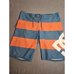 DC Board Shorts 38 Mens Orange And Green Striped Swim Trunks Cargo Style Pocket